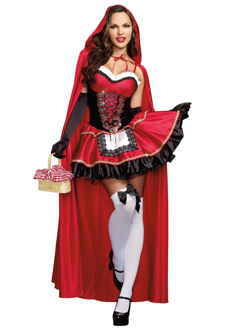 2018 Little Red Riding Hood Outfit Costume Adult Women Halloween Cosplay Fancy Dress Hen Party Dress Cape Set Outfit