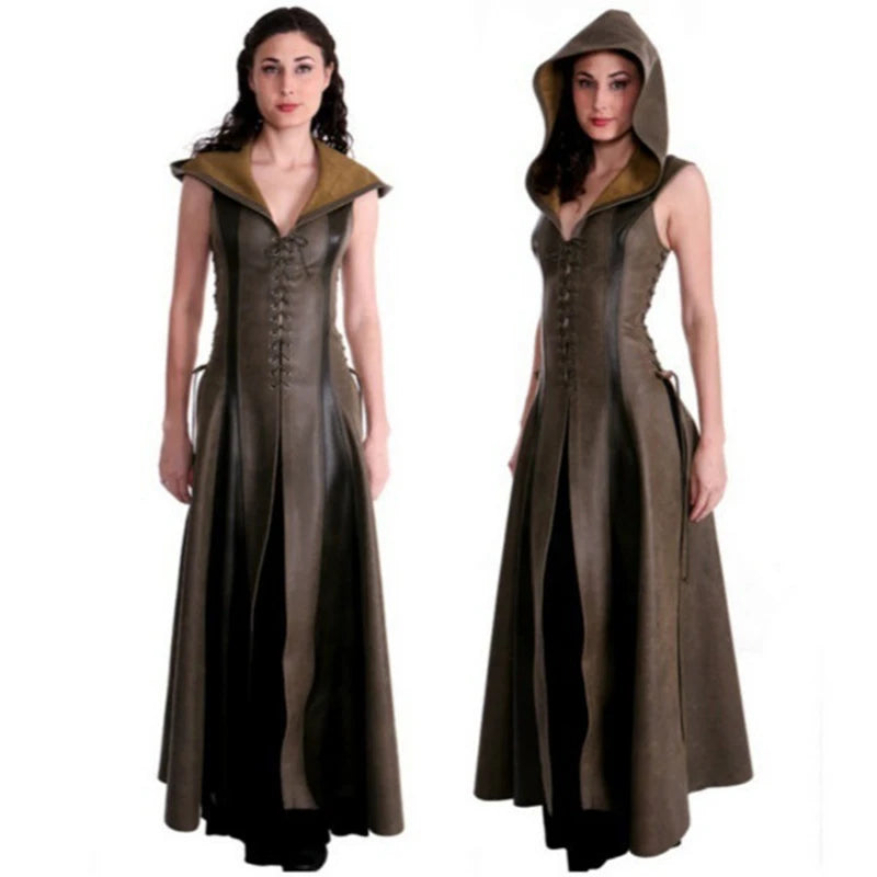 Women fashion Sexy Slim Lace Up Leather Medieval Ranger Long Dress Adult Coats Cosplay disfraz mujer Costume Halloween