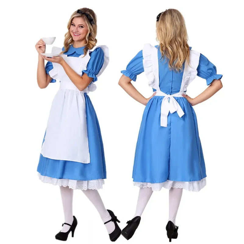 Alice Cosplay Dress Women Fantasy Lolita Outfit Cartoon Wonderland Disguise Costume Adult Kids Girls Halloween Party Dress Up