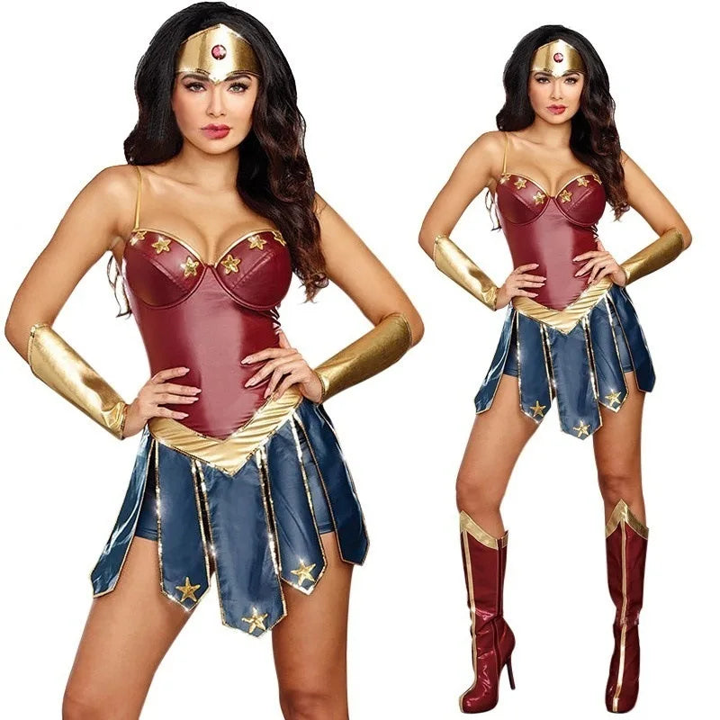 Halloween Superhero Costume Dress for Women Wonder Cosplay Costumes Stage Perfomance Costume Sexy Clothing Leather Fancy Dress